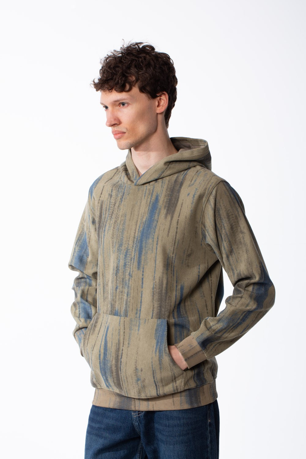 Men's Textured Waffle Knit All-Over Vertical Spray Dye Pattern Kangaroo Pocket Comfortable Slim Fit Sweatshirt