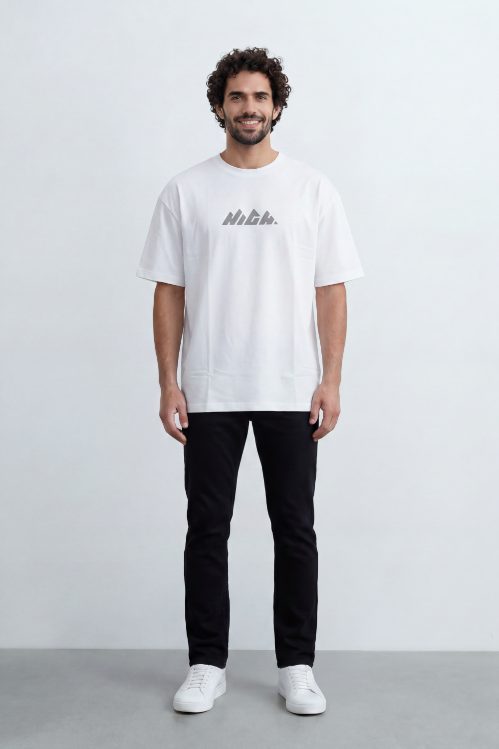Men’s Tomato Store Summit Logo Oversize T-Shirt Made From Jersey Fabric With Clean Solid Surface Center Chest Mountain Artwork Print