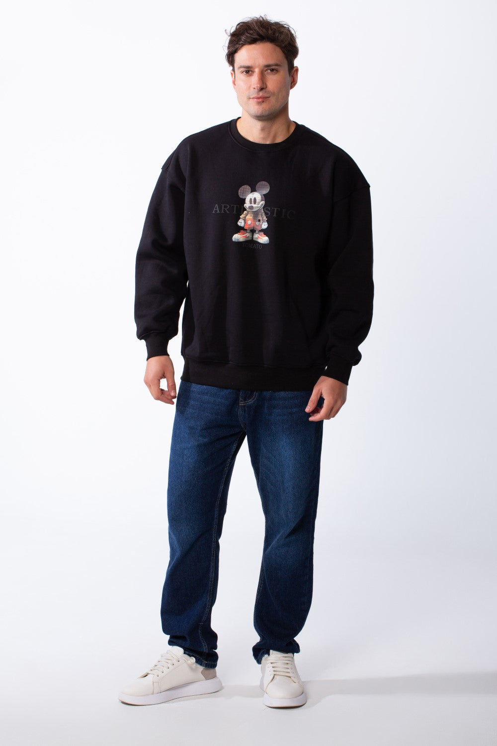 Men's Rounded Neckline With Playful Chest Print Long Sleeves Over Size Casual Everyday Wear Melton Sweatshirt