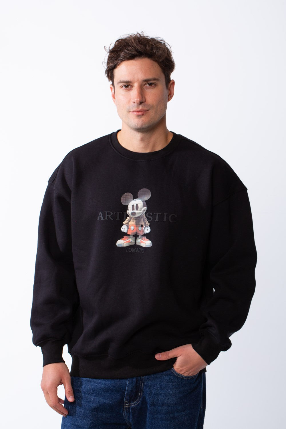 Men's Rounded Neckline With Playful Chest Print Long Sleeves Over Size Casual Everyday Wear Melton Sweatshirt