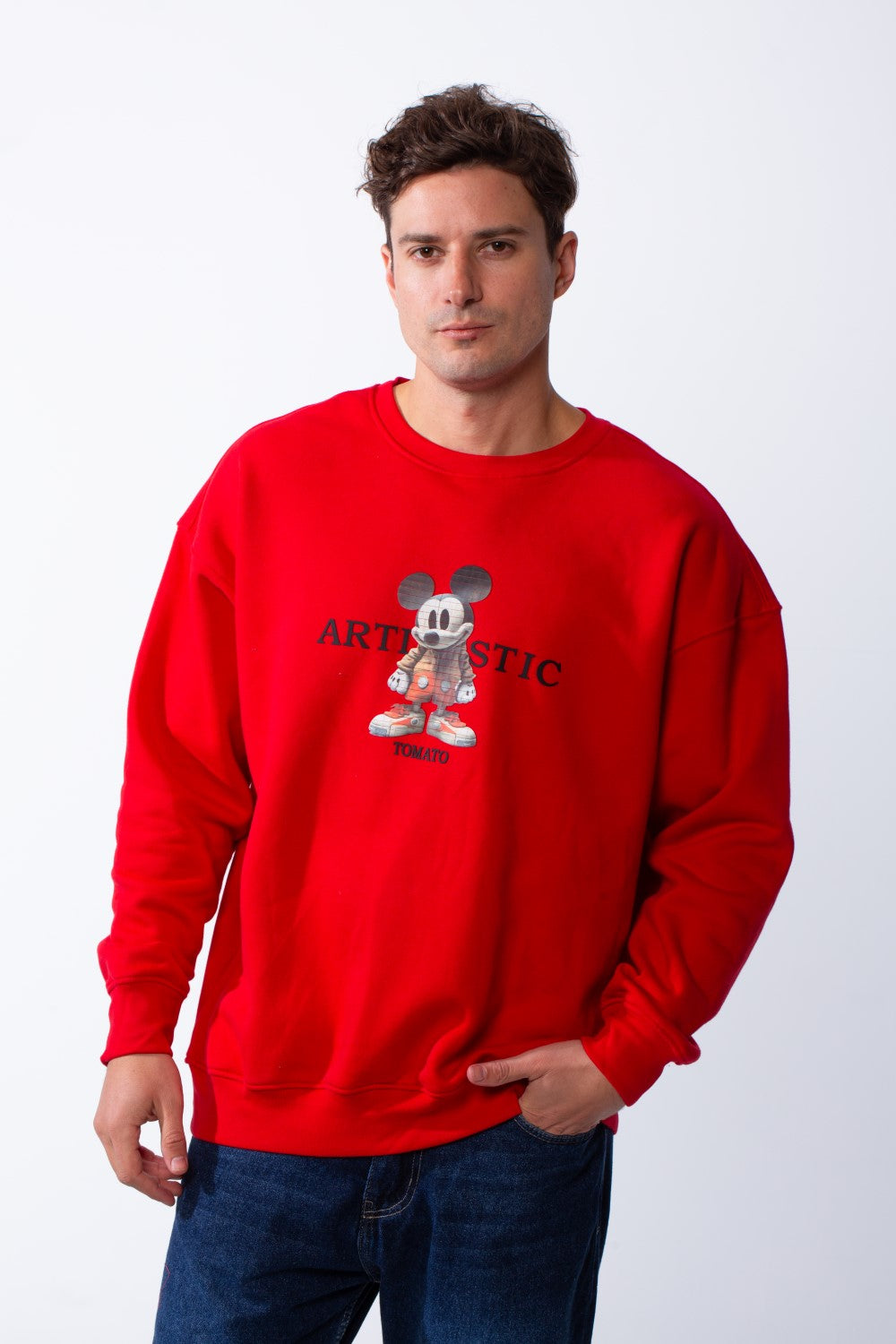 Men's Rounded Neckline With Playful Chest Print Long Sleeves Over Size Casual Everyday Wear Melton Sweatshirt