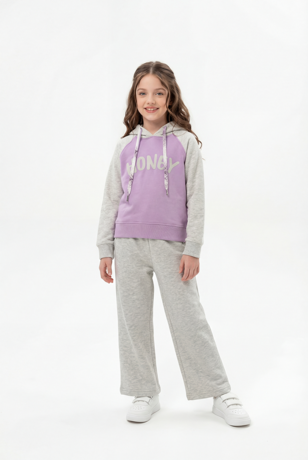 Girl's Tomato Store Outfit Hooded Long Sleeve Color-Block Design Honey Front Typography Melton Slim Fit