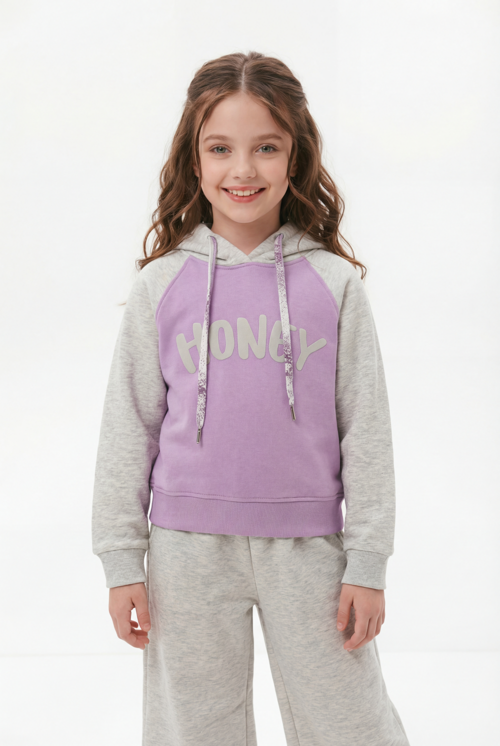 Girl's Tomato Store Outfit Hooded Long Sleeve Color-Block Design Honey Front Typography Melton Slim Fit