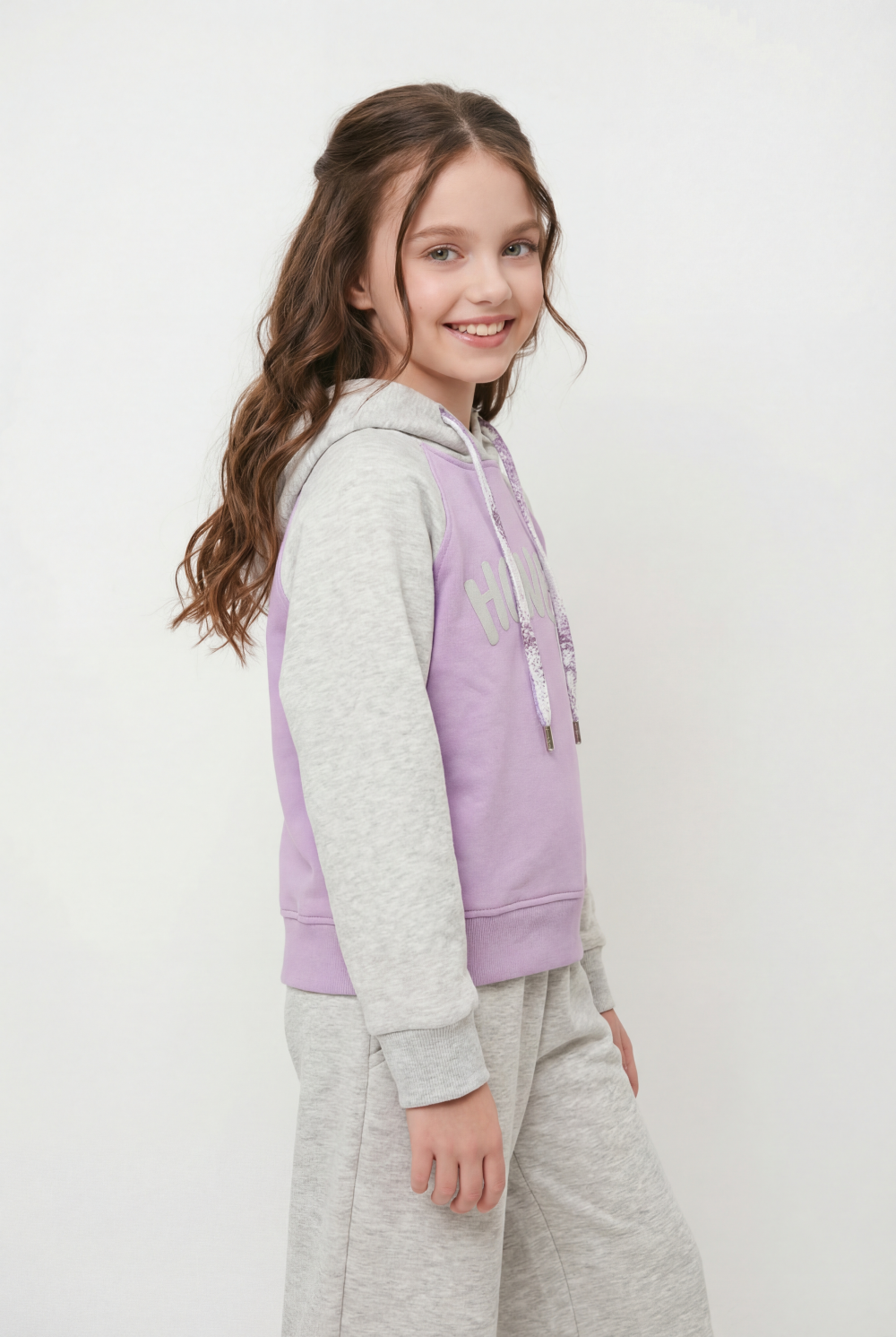 Girl's Tomato Store Outfit Hooded Long Sleeve Color-Block Design Honey Front Typography Melton Slim Fit