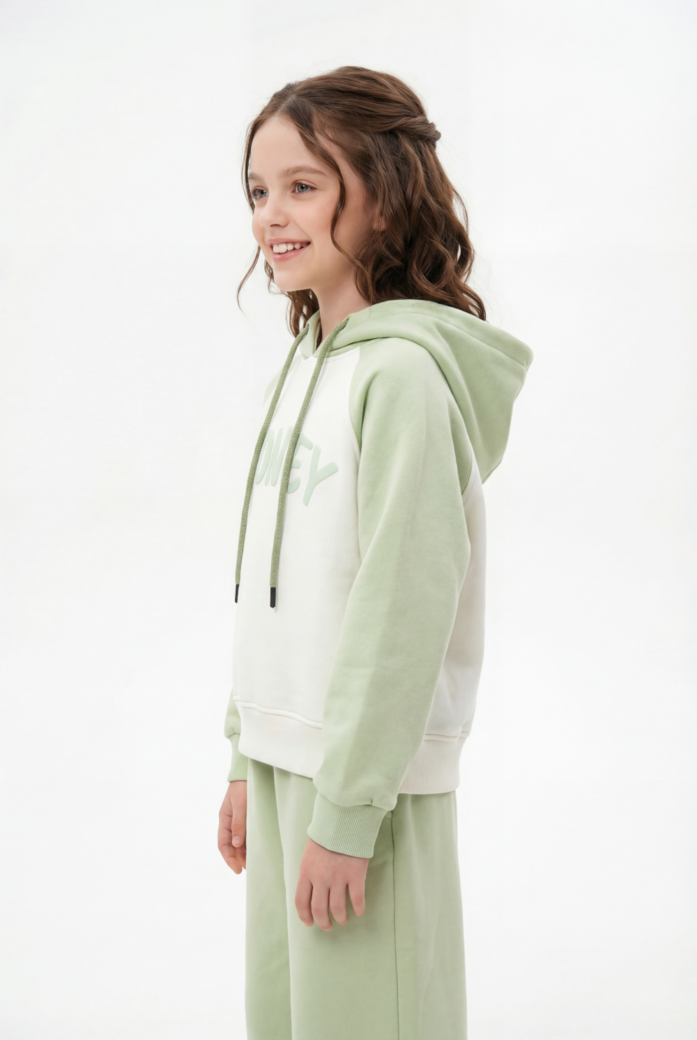 Girl's Tomato Store Outfit Hooded Long Sleeve Color-Block Design Honey Front Typography Melton Slim Fit