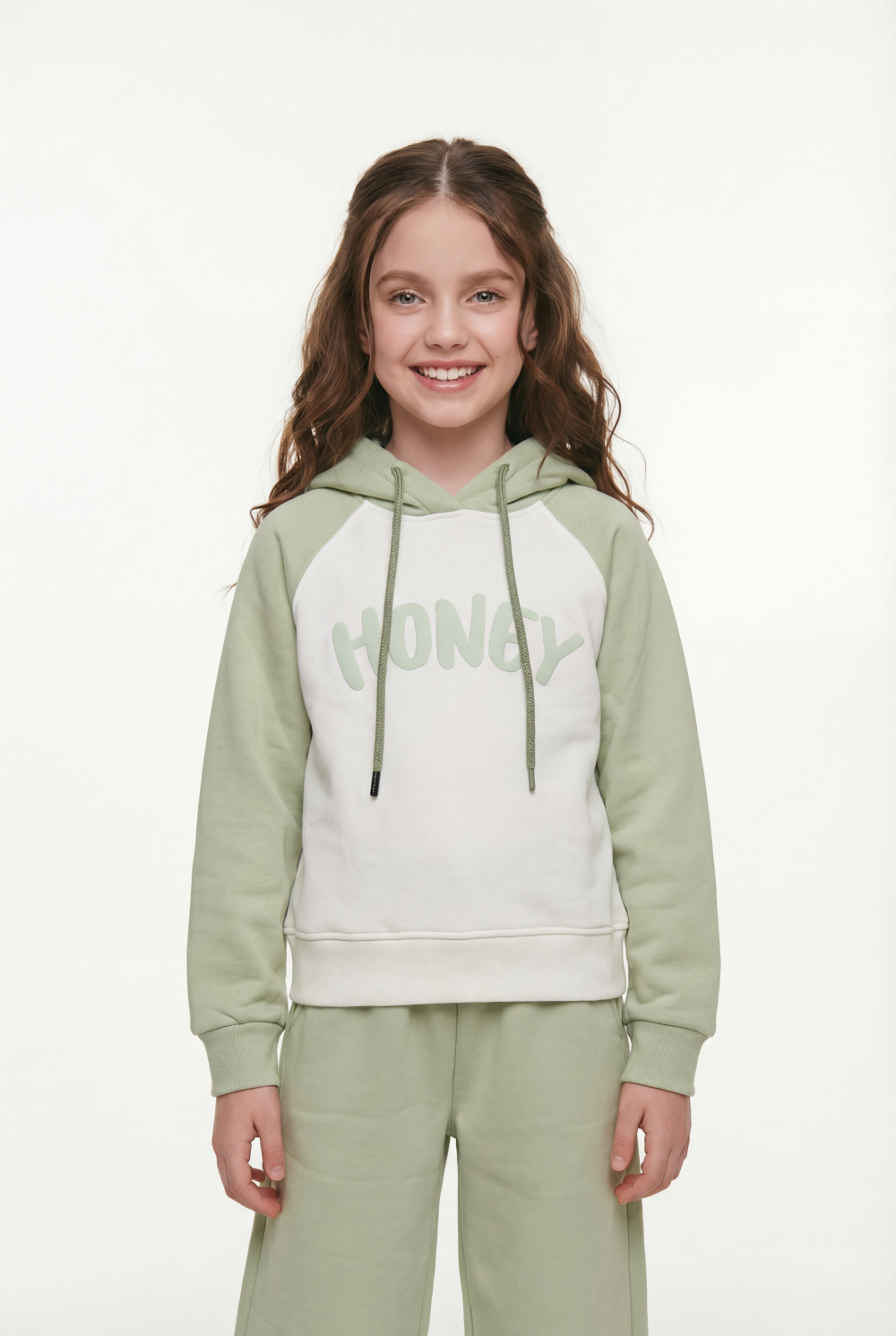 Girl's Tomato Store Outfit Hooded Long Sleeve Color-Block Design Honey Front Typography Melton Slim Fit