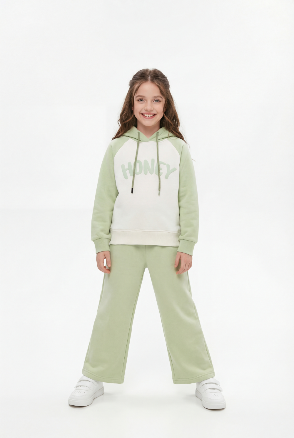 Girl's Tomato Store Outfit Hooded Long Sleeve Color-Block Design Honey Front Typography Melton Slim Fit
