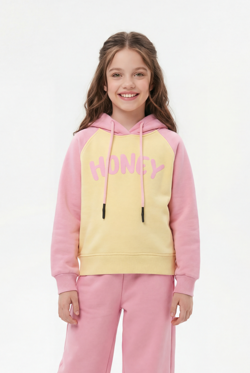 Girl's Tomato Store Outfit Hooded Long Sleeve Color-Block Design Honey Front Typography Melton Slim Fit