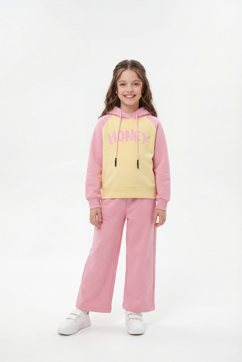 Girl's Tomato Store Outfit Hooded Long Sleeve Color-Block Design Honey Front Typography Melton Slim Fit