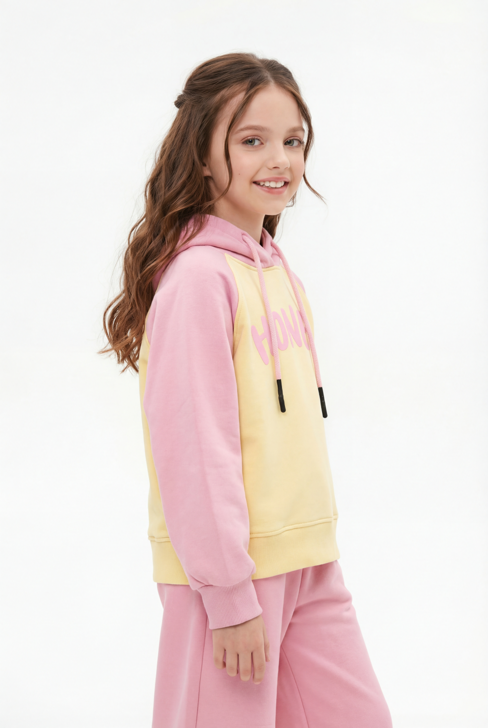 Girl's Tomato Store Outfit Hooded Long Sleeve Color-Block Design Honey Front Typography Melton Slim Fit