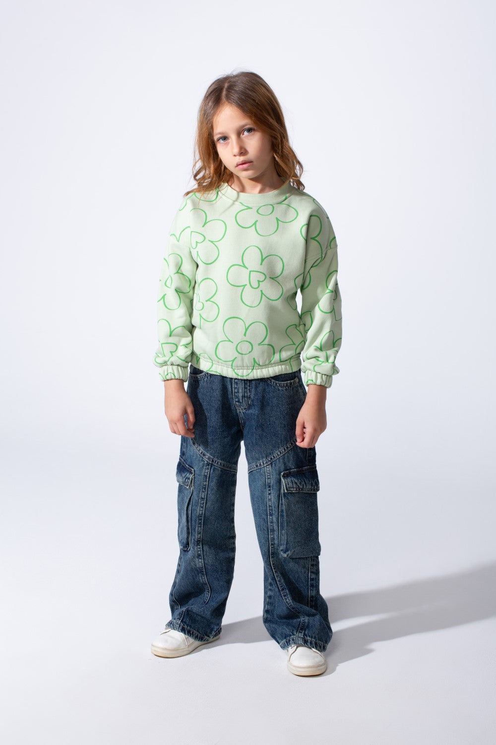 Girl's Tomato Store Melton Slim Fit Sweatshirt Allover Floral Outline Print Elastic Cuffs And Hem