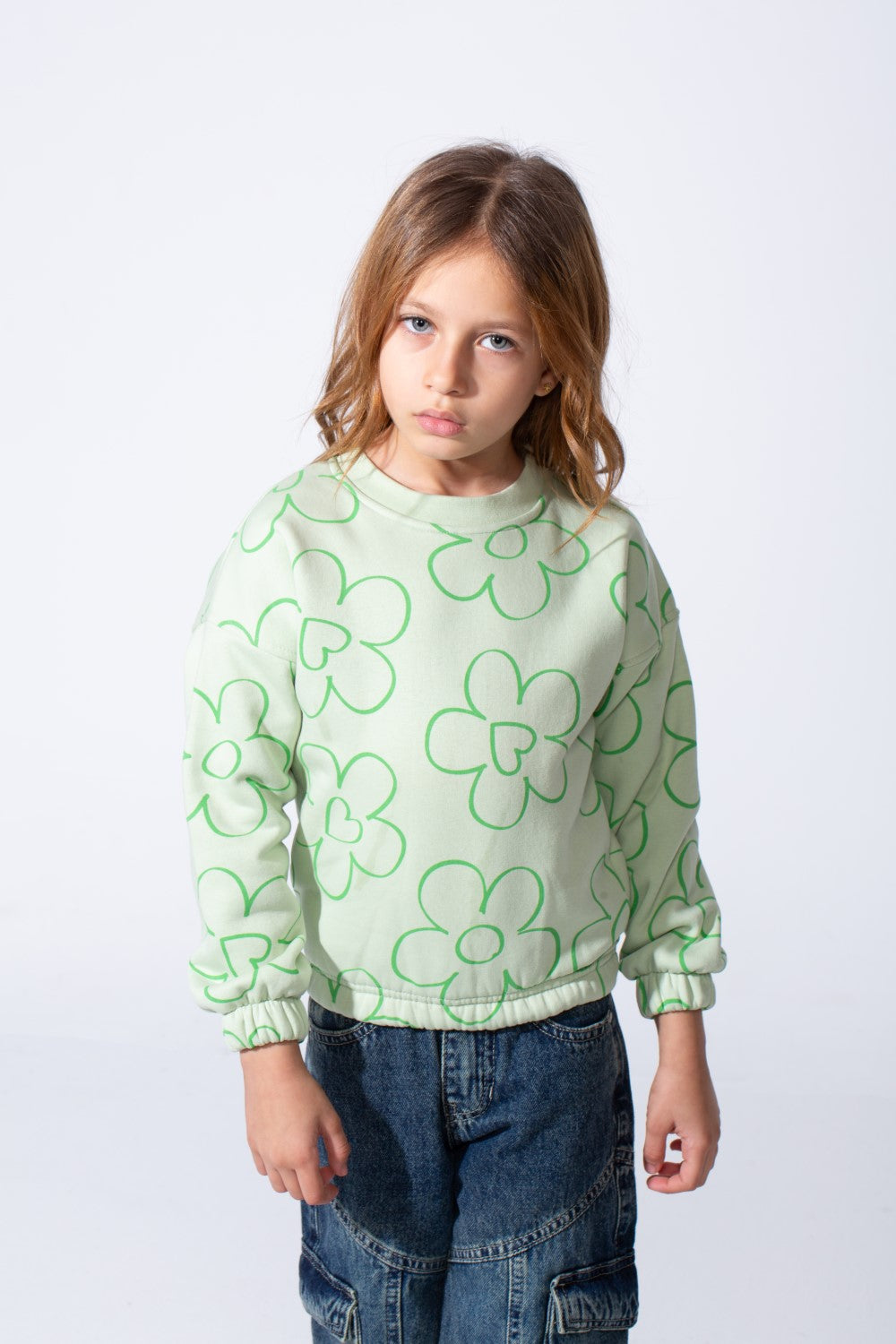 Girl's Tomato Store Melton Slim Fit Sweatshirt Allover Floral Outline Print Elastic Cuffs And Hem