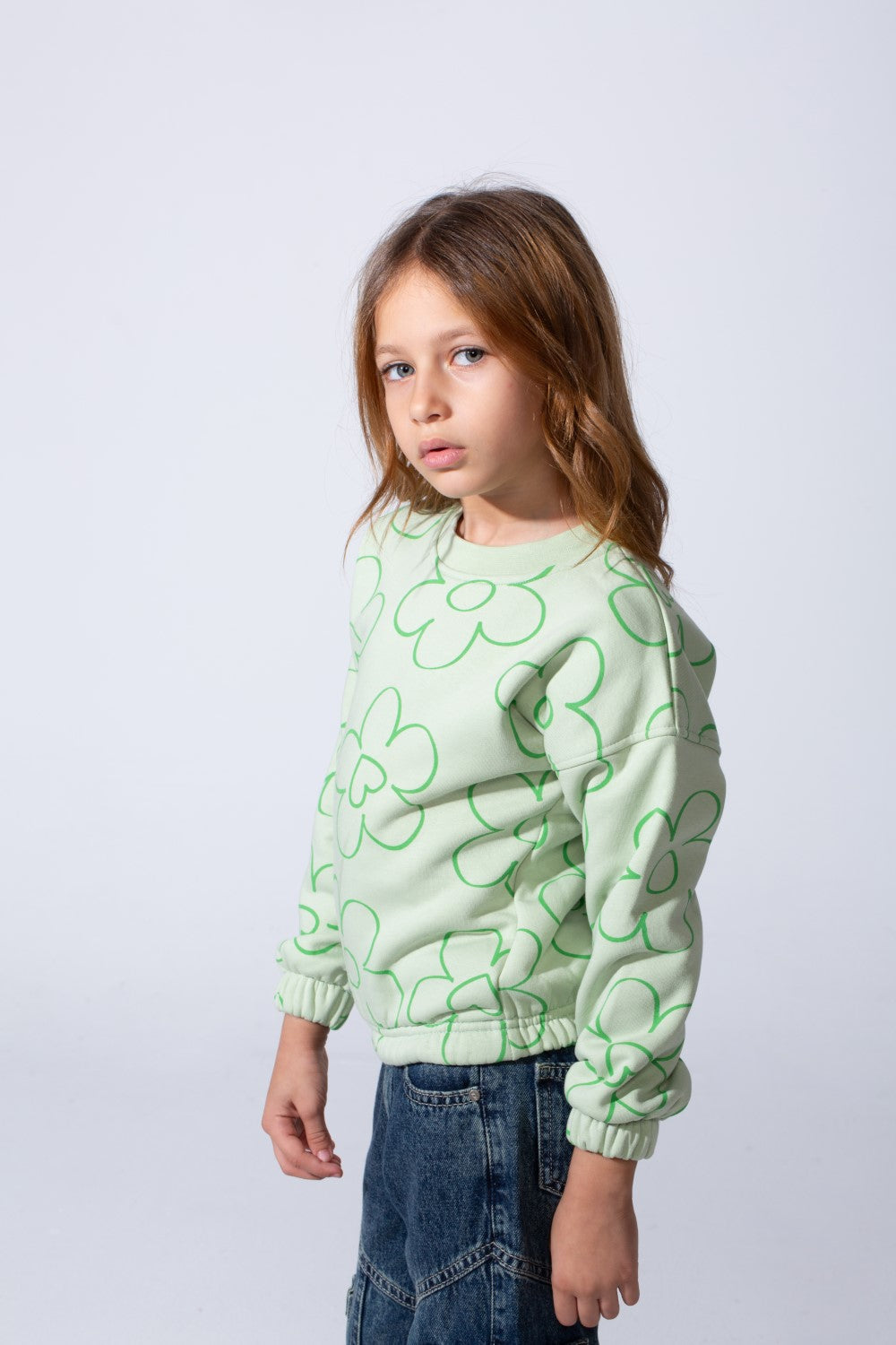 Girl's Tomato Store Melton Slim Fit Sweatshirt Allover Floral Outline Print Elastic Cuffs And Hem