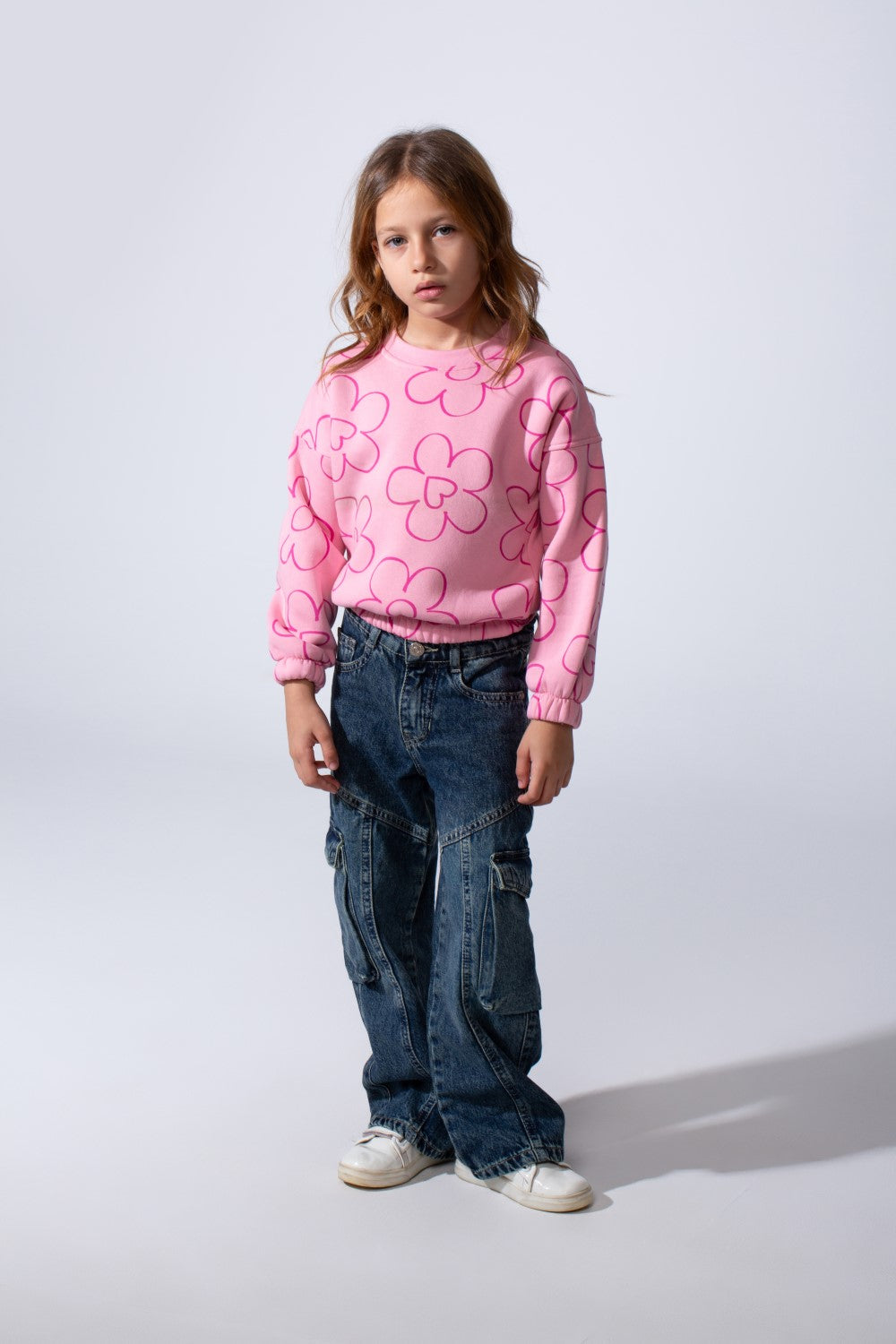 Girl's Tomato Store Melton Slim Fit Sweatshirt Allover Floral Outline Print Elastic Cuffs And Hem