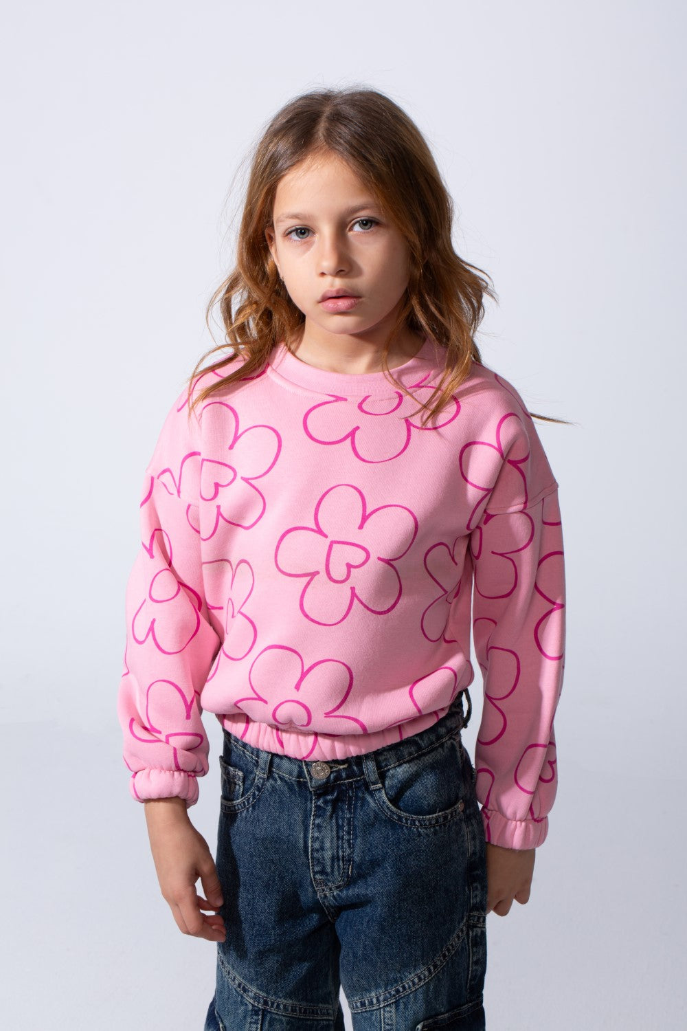 Girl's Tomato Store Melton Slim Fit Sweatshirt Allover Floral Outline Print Elastic Cuffs And Hem