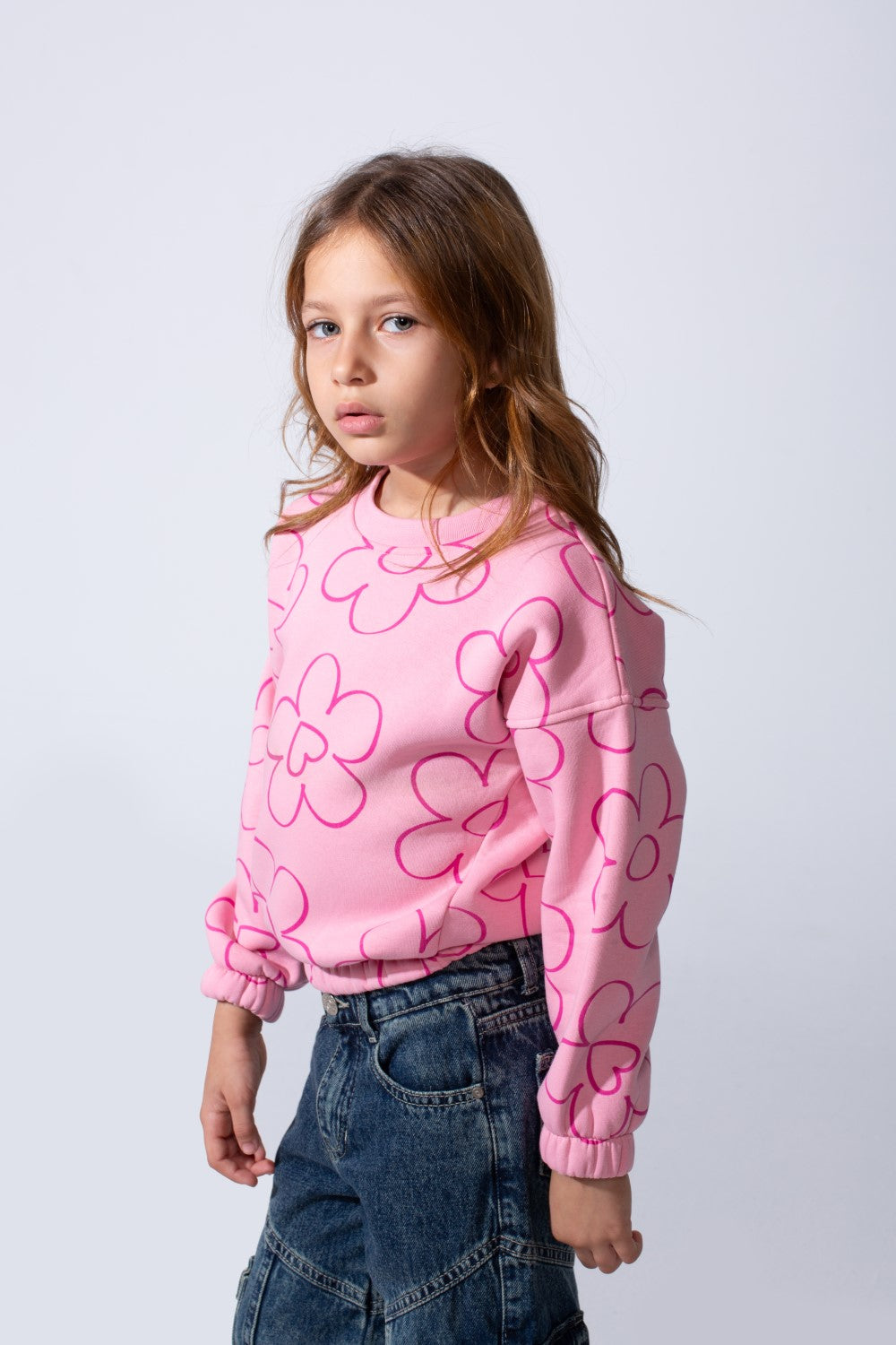 Girl's Tomato Store Melton Slim Fit Sweatshirt Allover Floral Outline Print Elastic Cuffs And Hem