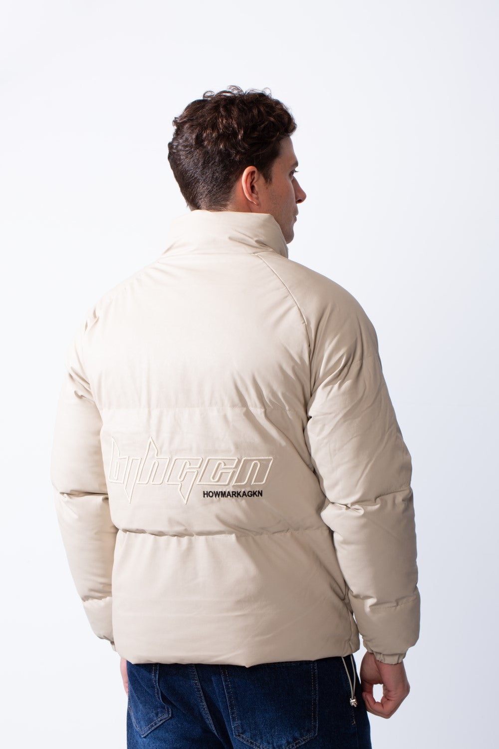 Men's High Stand Collar Full Front Zipper With Snap Buttons Side Pockets Small Chest Logo Detail Puffer Thermal Leather Pox Fit Jacket