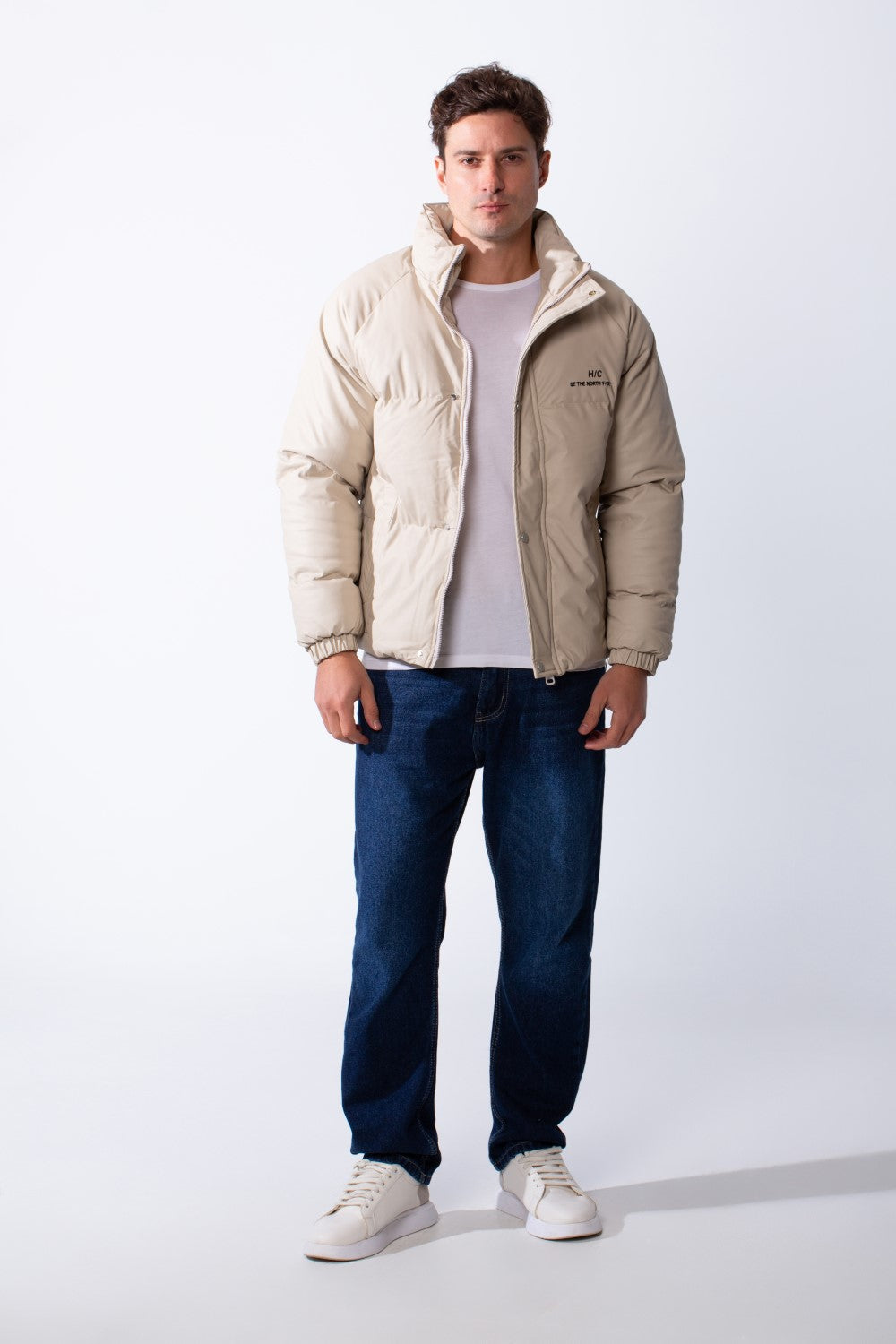 Men's High Stand Collar Full Front Zipper With Snap Buttons Side Pockets Small Chest Logo Detail Puffer Thermal Leather Pox Fit Jacket