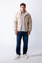 Men's High Stand Collar Full Front Zipper With Snap Buttons Side Pockets Small Chest Logo Detail Puffer Thermal Leather Pox Fit Jacket