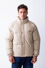 Men's High Stand Collar Full Front Zipper With Snap Buttons Side Pockets Small Chest Logo Detail Puffer Thermal Leather Pox Fit Jacket