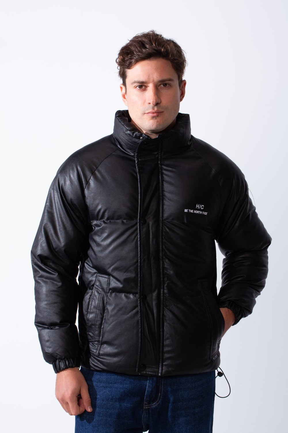 Men's High Stand Collar Full Front Zipper With Snap Buttons Side Pockets Small Chest Logo Detail Puffer Thermal Leather Pox Fit Jacket
