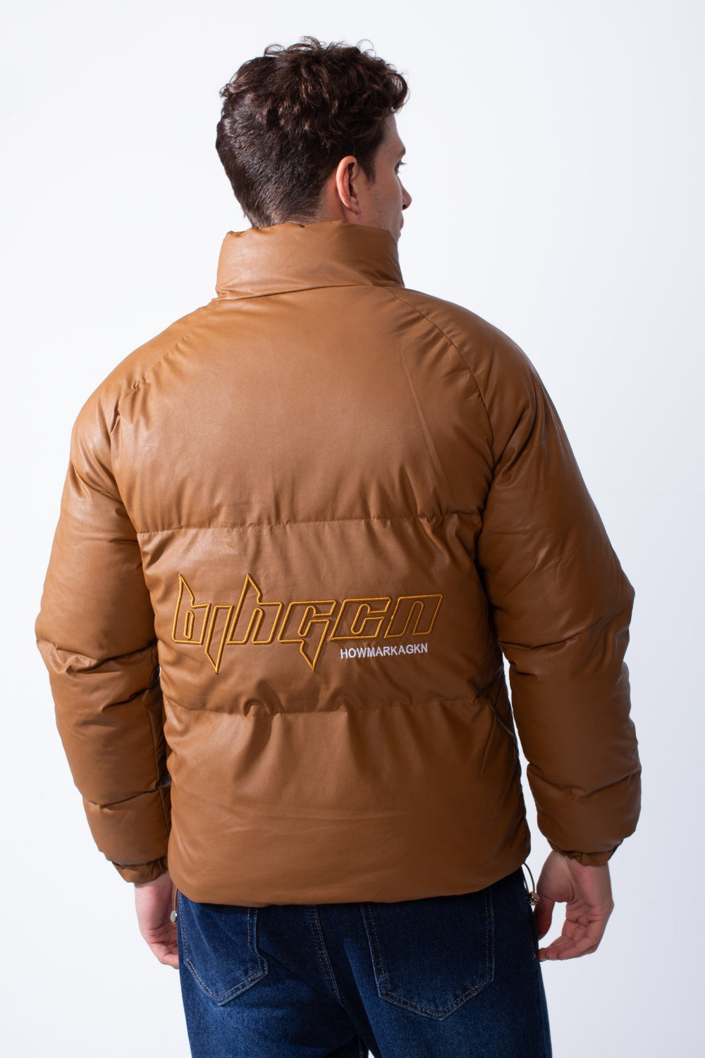 Men's High Stand Collar Full Front Zipper With Snap Buttons Side Pockets Small Chest Logo Detail Puffer Thermal Leather Pox Fit Jacket