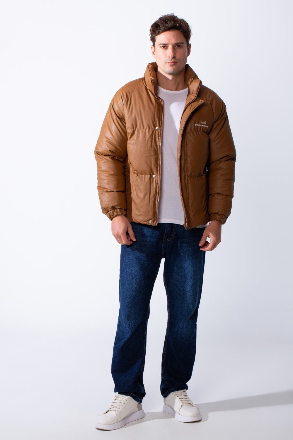 Men's High Stand Collar Full Front Zipper With Snap Buttons Side Pockets Small Chest Logo Detail Puffer Thermal Leather Pox Fit Jacket