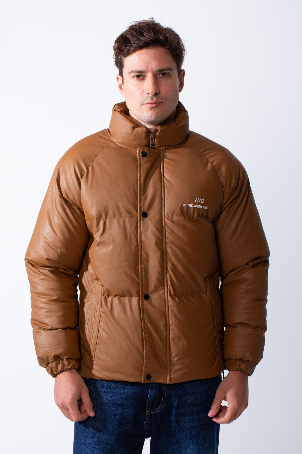 Men's High Stand Collar Full Front Zipper With Snap Buttons Side Pockets Small Chest Logo Detail Puffer Thermal Leather Pox Fit Jacket