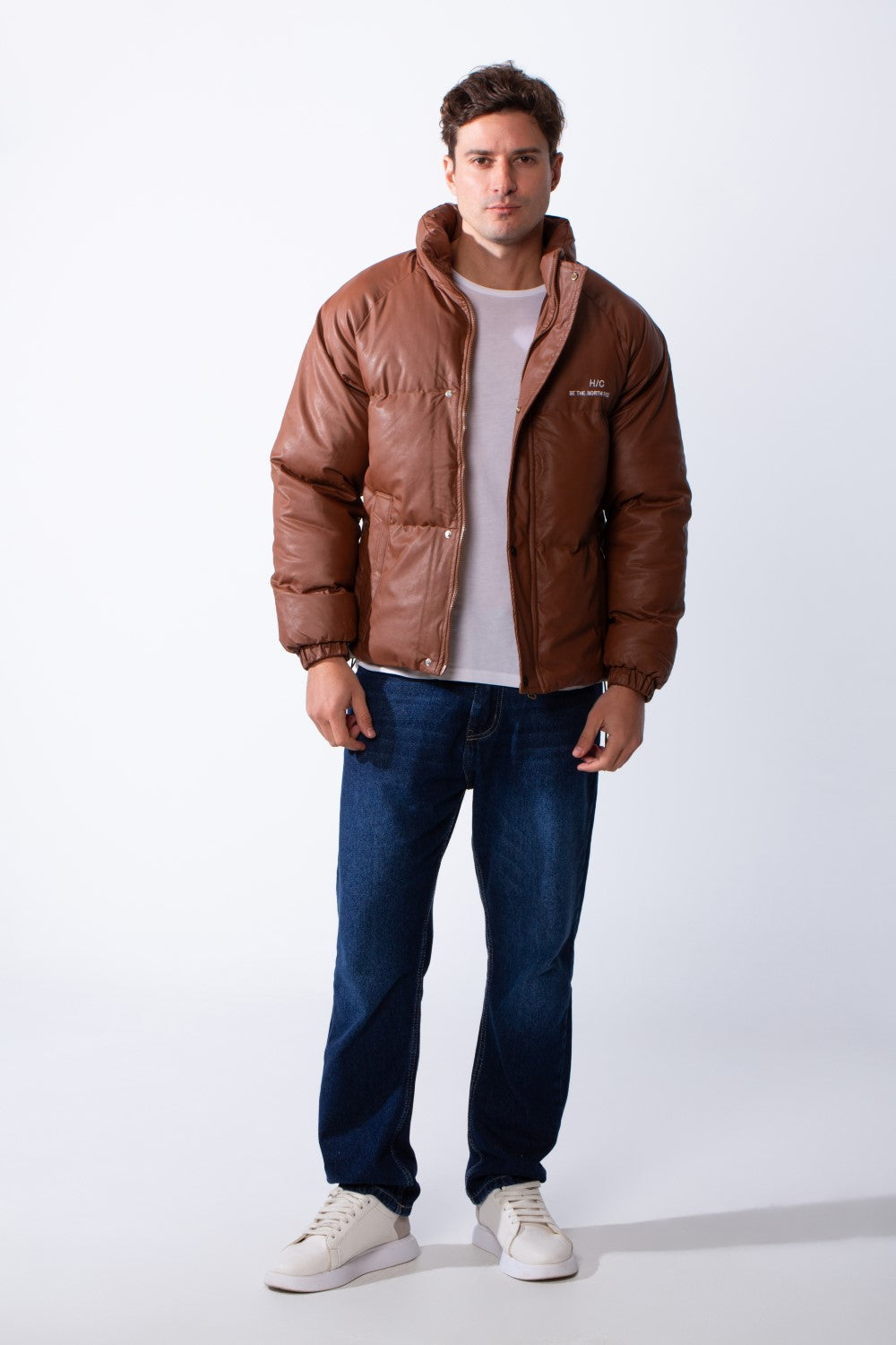 Men's High Stand Collar Full Front Zipper With Snap Buttons Side Pockets Small Chest Logo Detail Puffer Thermal Leather Pox Fit Jacket