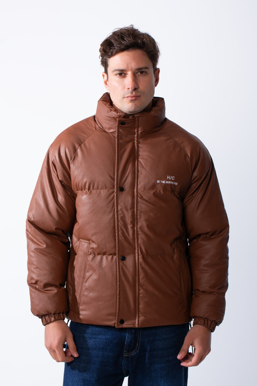 Men's High Stand Collar Full Front Zipper With Snap Buttons Side Pockets Small Chest Logo Detail Puffer Thermal Leather Pox Fit Jacket