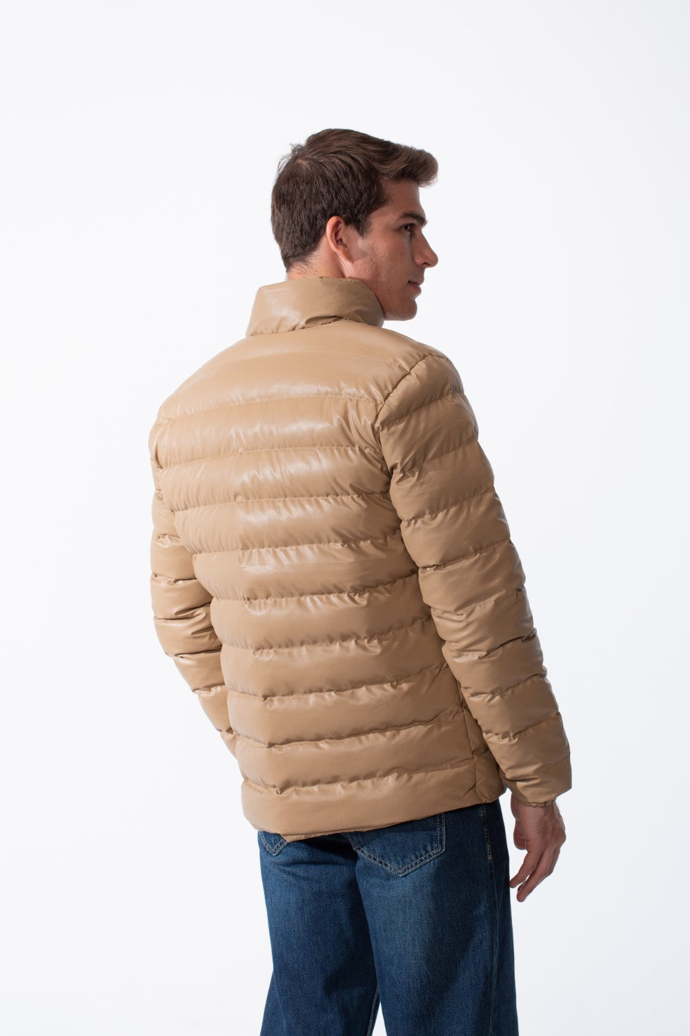 Men's High Stand-Up Collar Detailed With Contrasting Black Full Length Zipper Elasticated Cuffs Two Side Entry Pockets Puffer Jacket