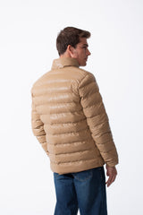 Men's High Stand-Up Collar Detailed With Contrasting Black Full Length Zipper Elasticated Cuffs Two Side Entry Pockets Puffer Jacket