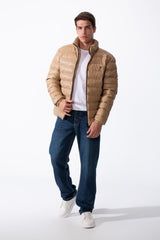 Men's High Stand-Up Collar Detailed With Contrasting Black Full Length Zipper Elasticated Cuffs Two Side Entry Pockets Puffer Jacket