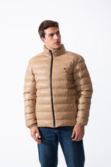 Men's High Stand-Up Collar Detailed With Contrasting Black Full Length Zipper Elasticated Cuffs Two Side Entry Pockets Puffer Jacket