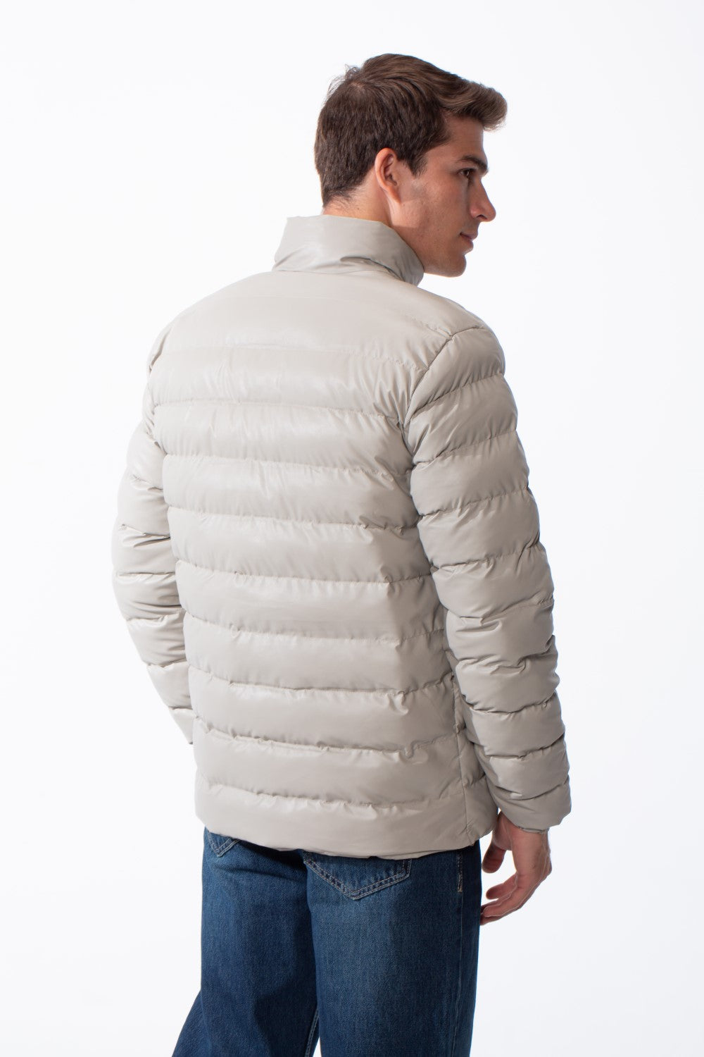 Men's High Stand-Up Collar Detailed With Contrasting Black Full Length Zipper Elasticated Cuffs Two Side Entry Pockets Puffer Jacket