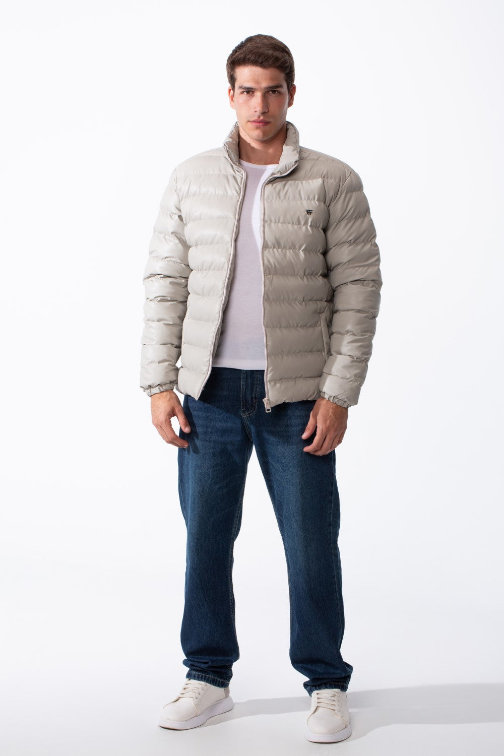 Men's High Stand-Up Collar Detailed With Contrasting Black Full Length Zipper Elasticated Cuffs Two Side Entry Pockets Puffer Jacket