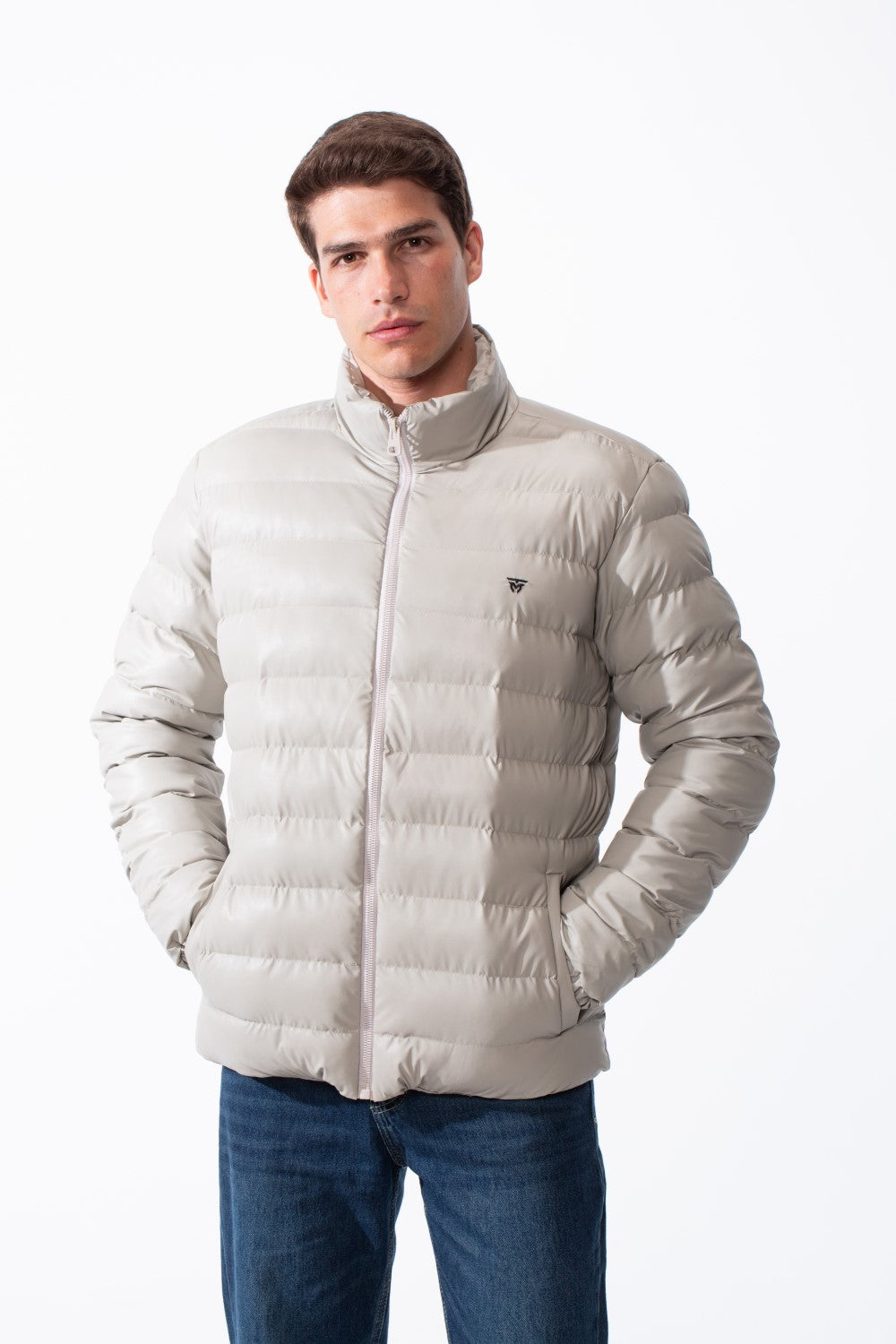 Men's High Stand-Up Collar Detailed With Contrasting Black Full Length Zipper Elasticated Cuffs Two Side Entry Pockets Puffer Jacket