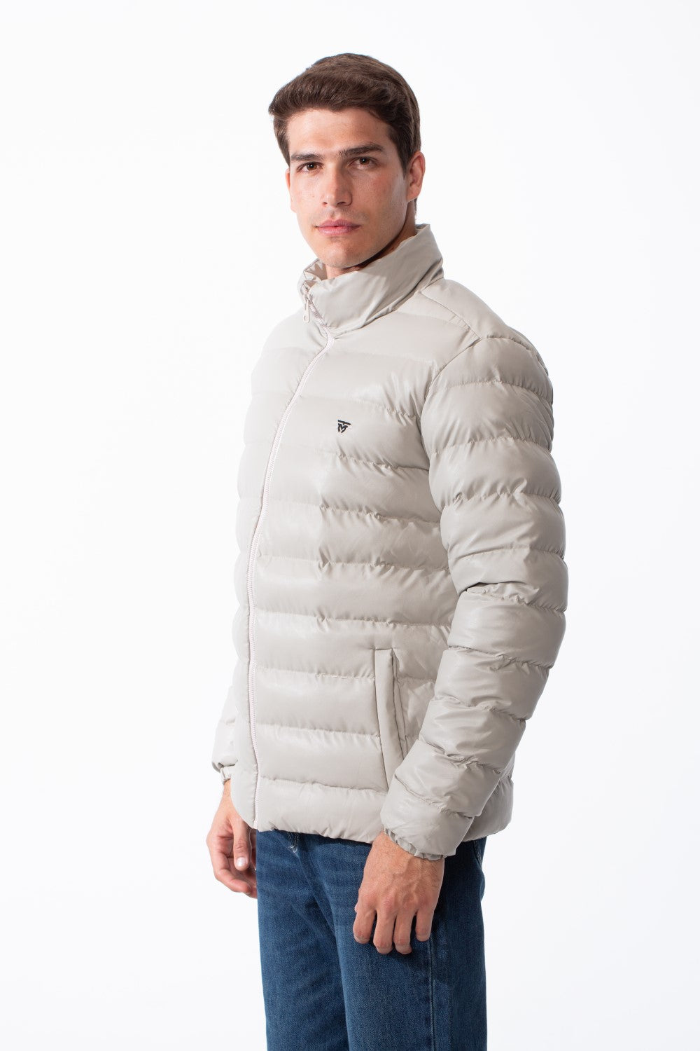 Men's High Stand-Up Collar Detailed With Contrasting Black Full Length Zipper Elasticated Cuffs Two Side Entry Pockets Puffer Jacket