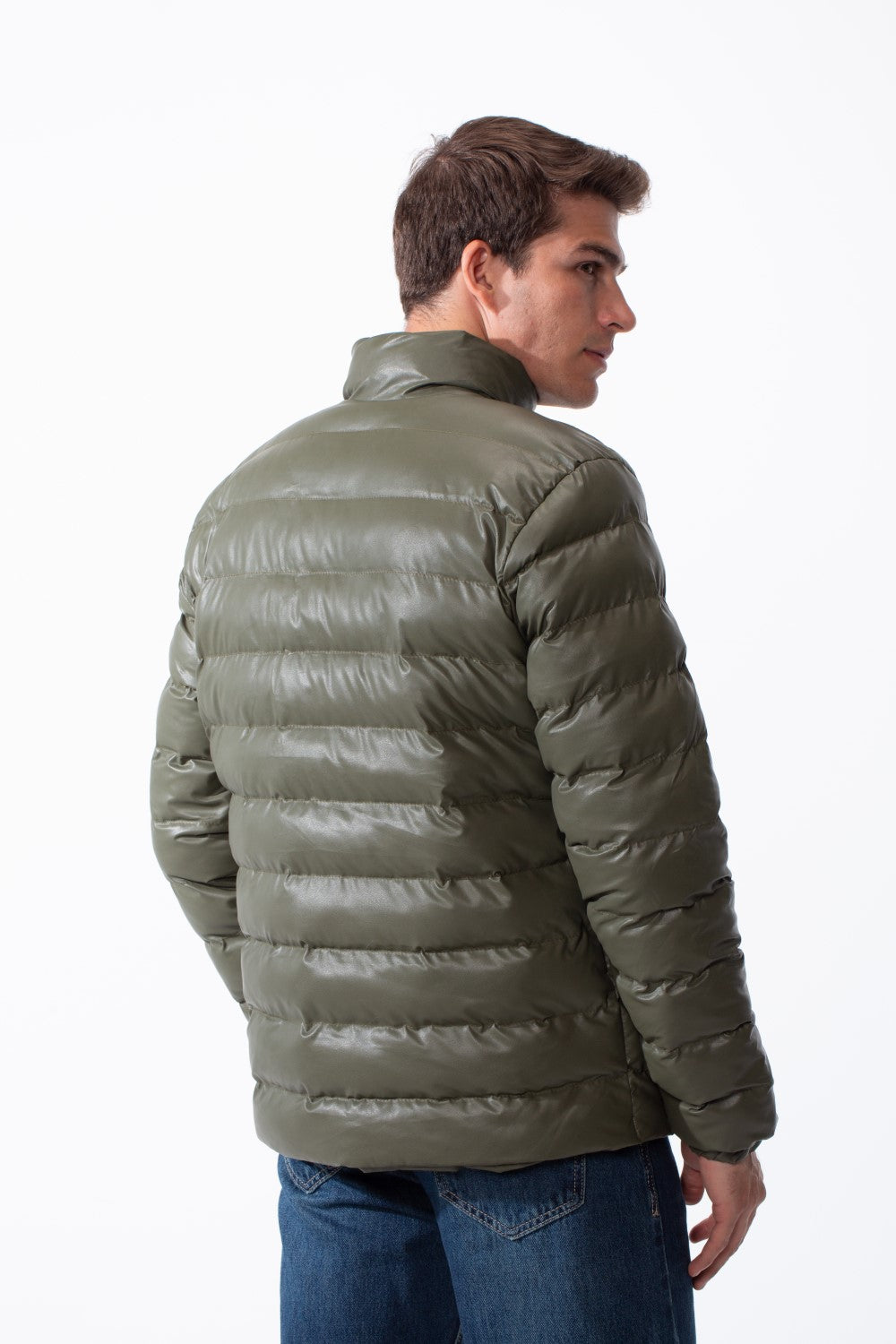 Men's High Stand-Up Collar Detailed With Contrasting Black Full Length Zipper Elasticated Cuffs Two Side Entry Pockets Puffer Jacket