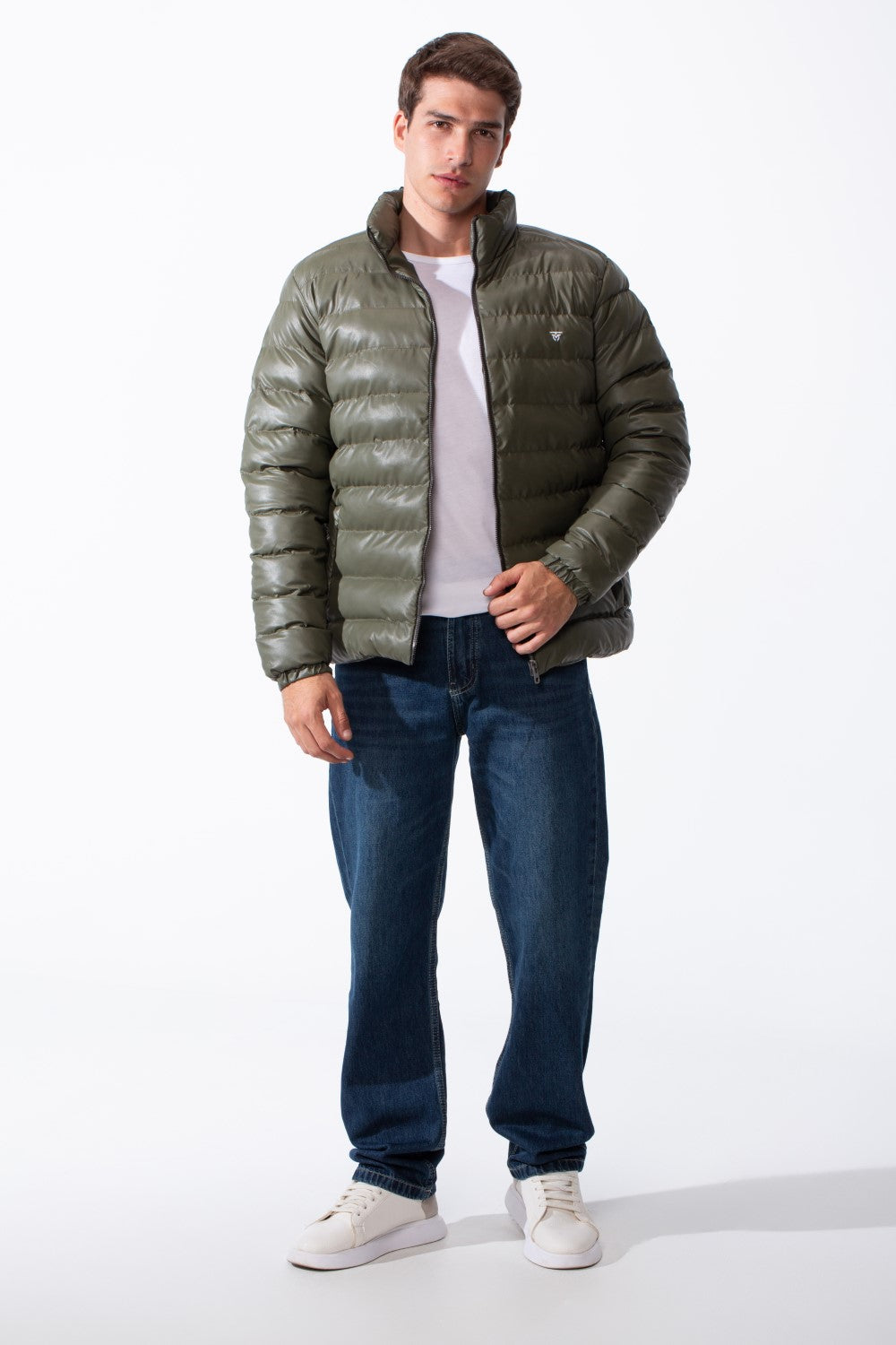 Men's High Stand-Up Collar Detailed With Contrasting Black Full Length Zipper Elasticated Cuffs Two Side Entry Pockets Puffer Jacket
