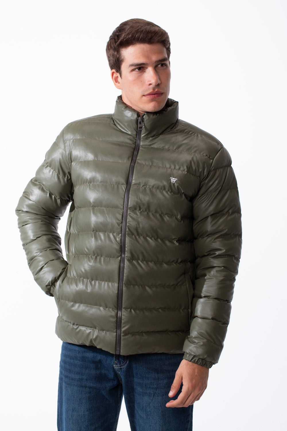 Men's High Stand-Up Collar Detailed With Contrasting Black Full Length Zipper Elasticated Cuffs Two Side Entry Pockets Puffer Jacket