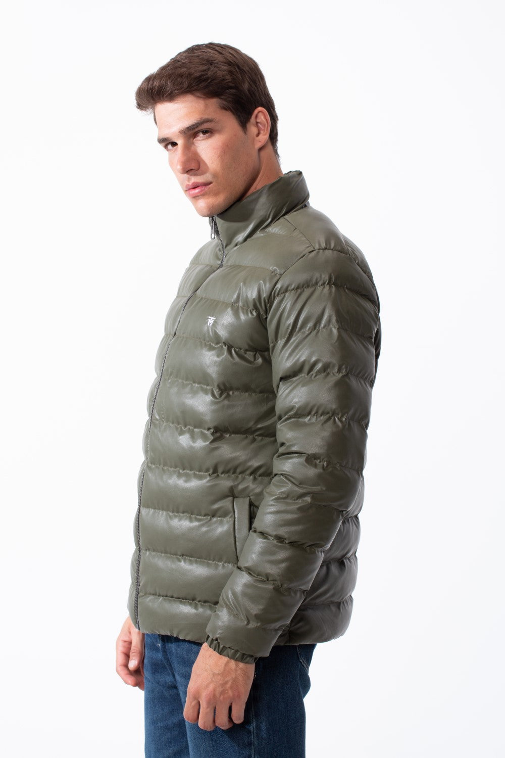 Men's High Stand-Up Collar Detailed With Contrasting Black Full Length Zipper Elasticated Cuffs Two Side Entry Pockets Puffer Jacket