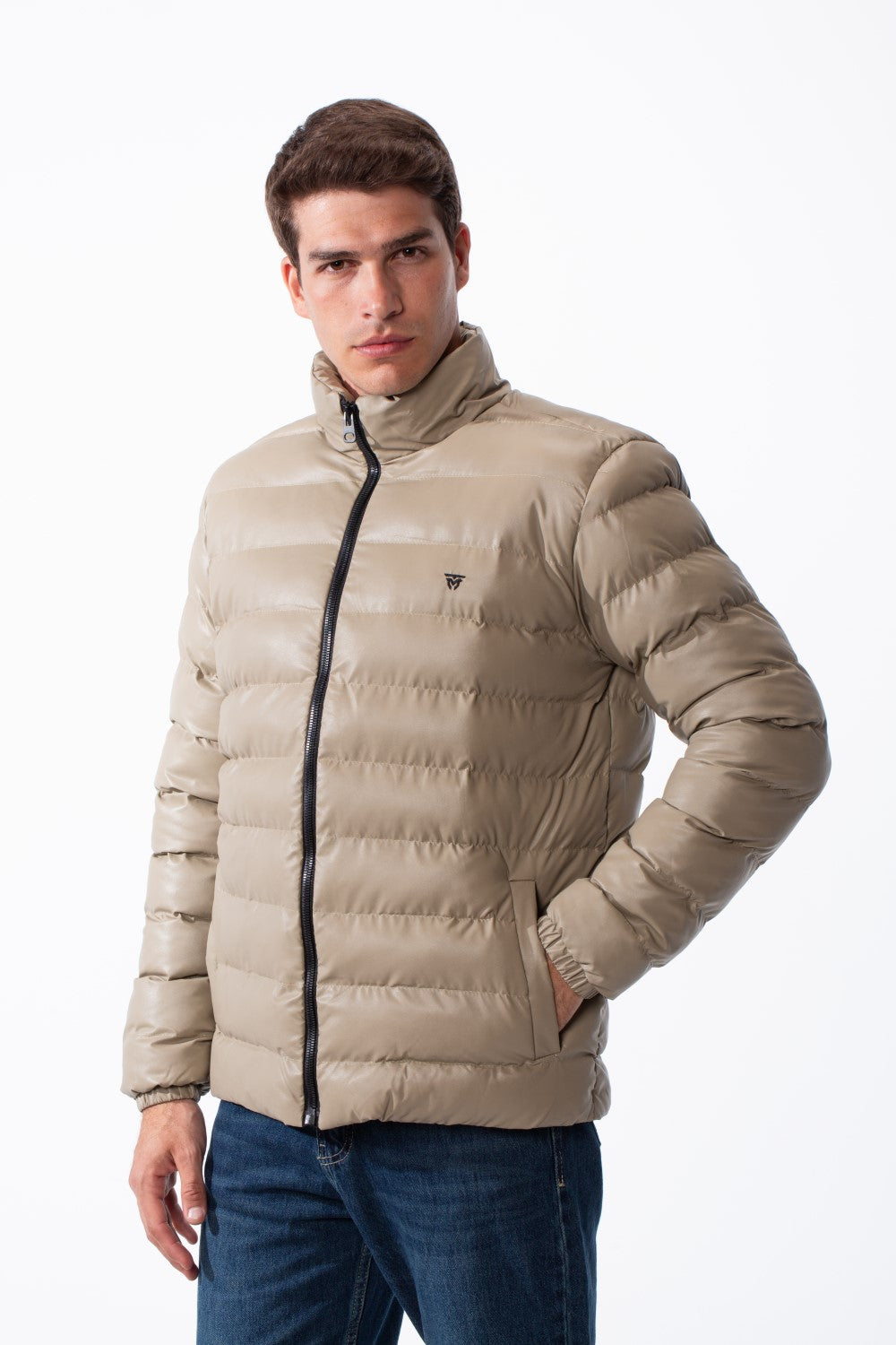 Men's High Stand-Up Collar Detailed With Contrasting Black Full Length Zipper Elasticated Cuffs Two Side Entry Pockets Puffer Jacket
