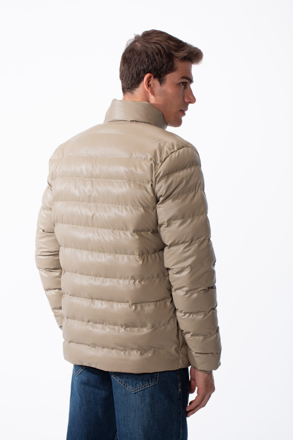 Men's High Stand-Up Collar Detailed With Contrasting Black Full Length Zipper Elasticated Cuffs Two Side Entry Pockets Puffer Jacket