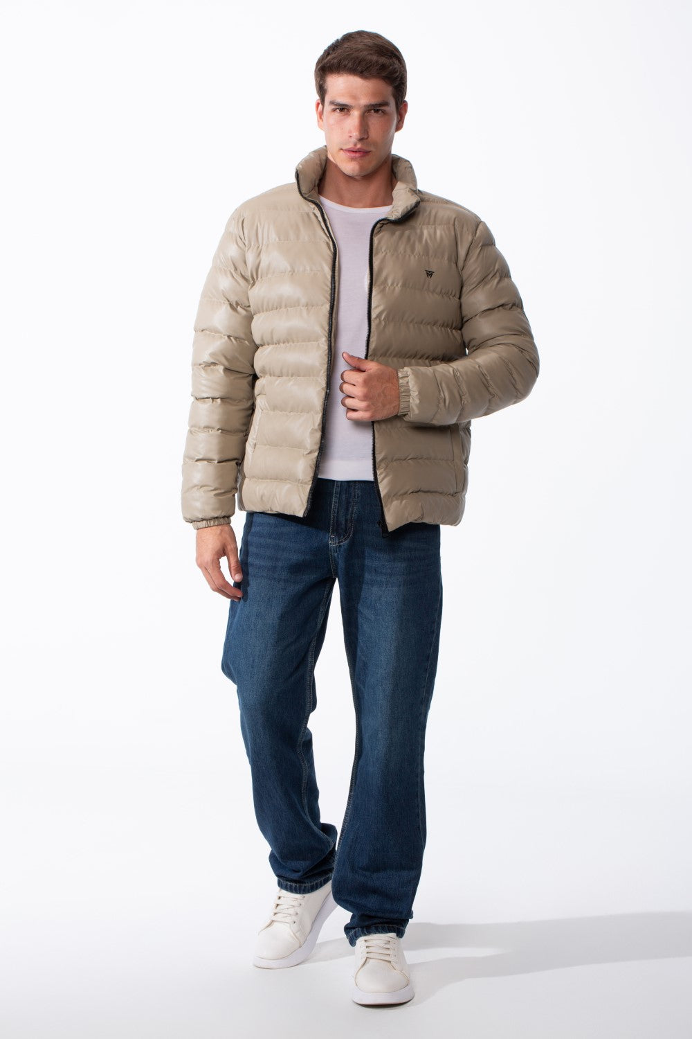 Men's High Stand-Up Collar Detailed With Contrasting Black Full Length Zipper Elasticated Cuffs Two Side Entry Pockets Puffer Jacket