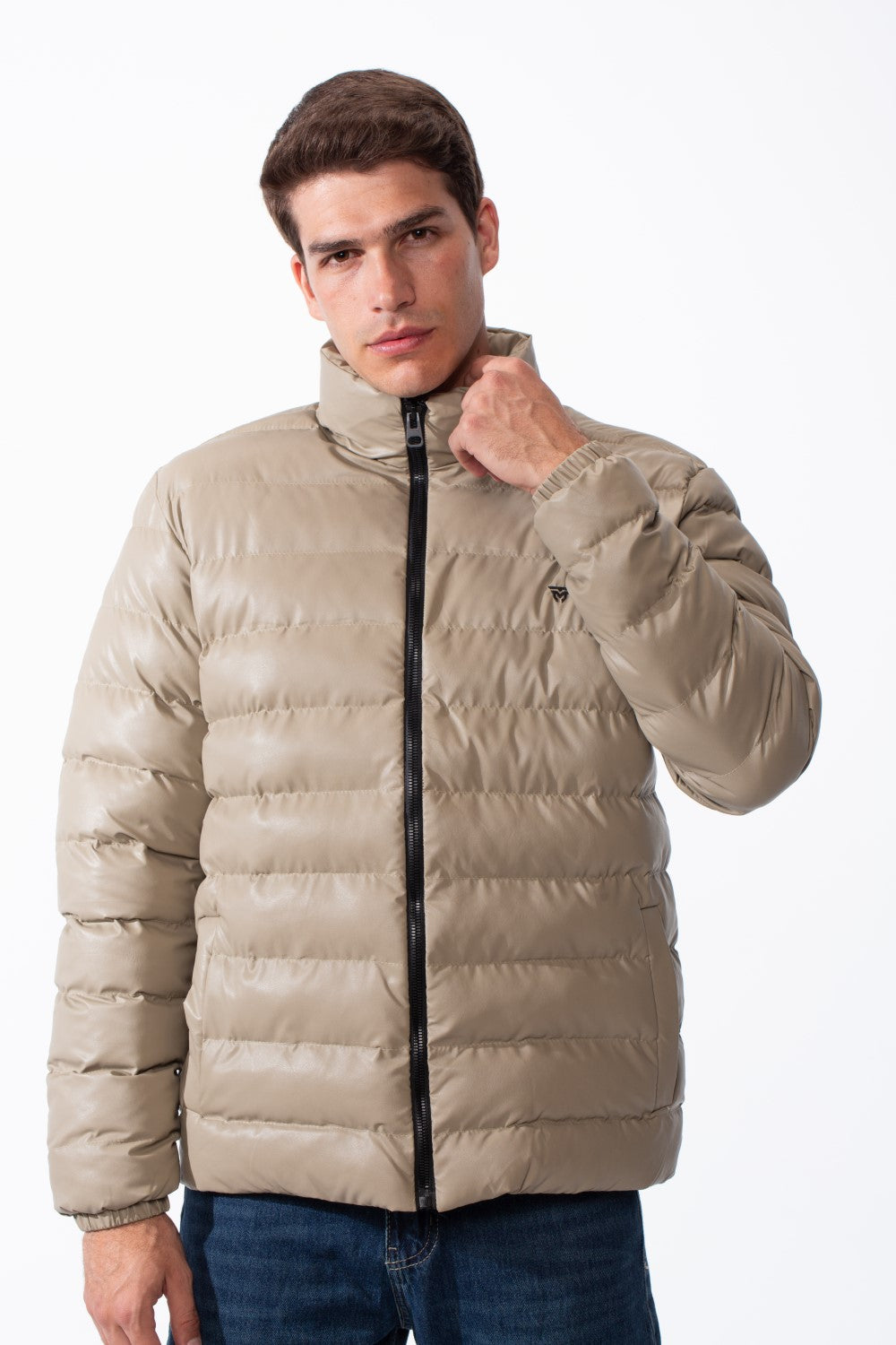 Men's High Stand-Up Collar Detailed With Contrasting Black Full Length Zipper Elasticated Cuffs Two Side Entry Pockets Puffer Jacket