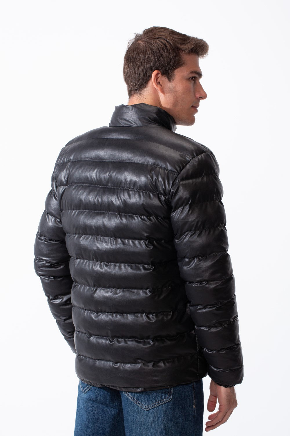Men's High Stand-Up Collar Detailed With Contrasting Black Full Length Zipper Elasticated Cuffs Two Side Entry Pockets Puffer Jacket