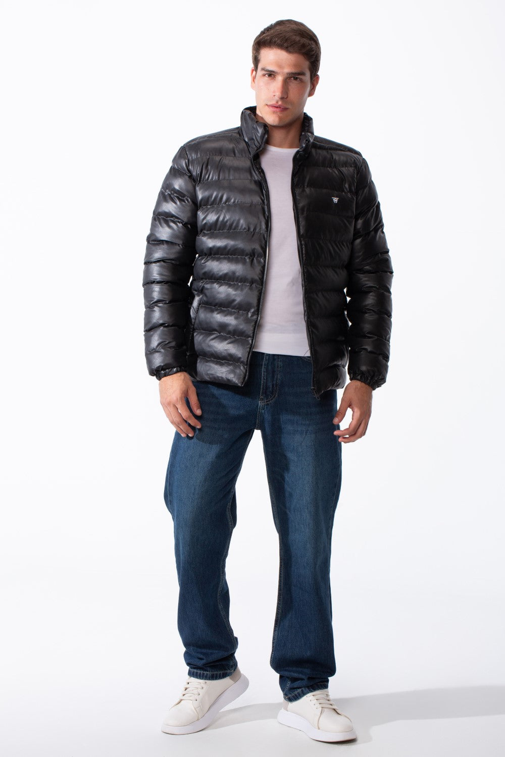 Men's High Stand-Up Collar Detailed With Contrasting Black Full Length Zipper Elasticated Cuffs Two Side Entry Pockets Puffer Jacket