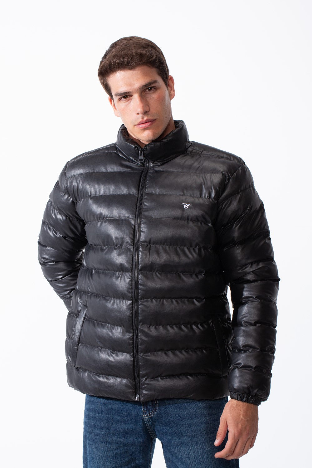 Men's High Stand-Up Collar Detailed With Contrasting Black Full Length Zipper Elasticated Cuffs Two Side Entry Pockets Puffer Jacket