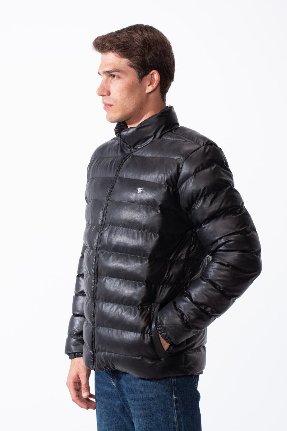 Men's High Stand-Up Collar Detailed With Contrasting Black Full Length Zipper Elasticated Cuffs Two Side Entry Pockets Puffer Jacket